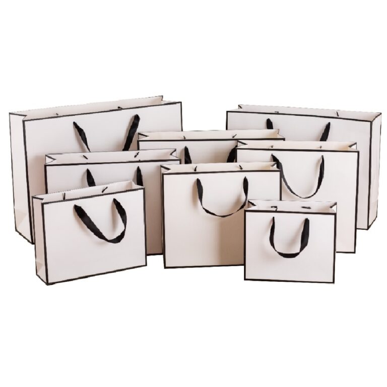 10 Packed White With Black Border Shopping Paper Bags.