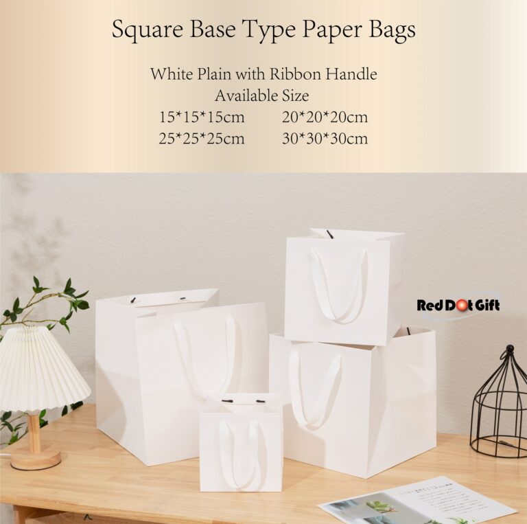 Square Base Plain White Paper Bags with Ribbon Handle ( 4 size Available )