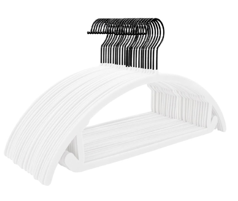 Premium Velvet Hangers (Pack of 50) Heavyduty- Non Slip No Shoulder Bump Suit Hangers - Black Hooks,Space Saving Clothes Hangers,Rounded Hangers for Coat,Sweater,Jackets,Pants. (White/Black)