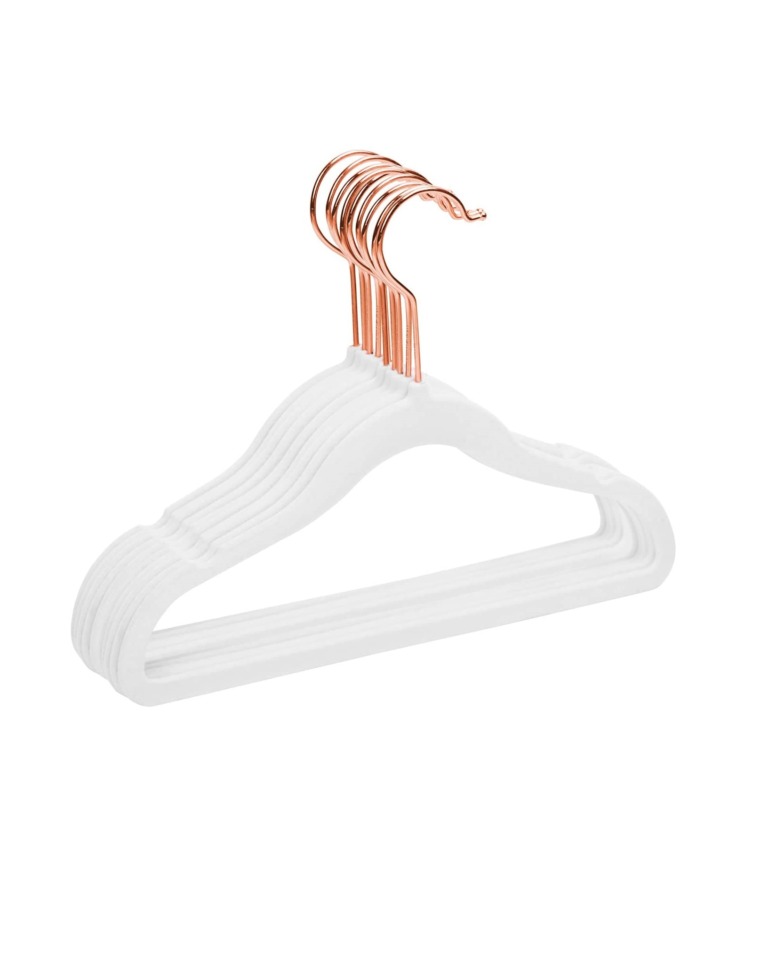 MIZGI Premium Kids Velvet Hangers (Pack of 50) with Copper/Rose Gold Hooks,Space Saving Ultra Thin,Non Slip Baby Hangers for Children's Skirt Dress Pants,Clothes Hangers by (White)