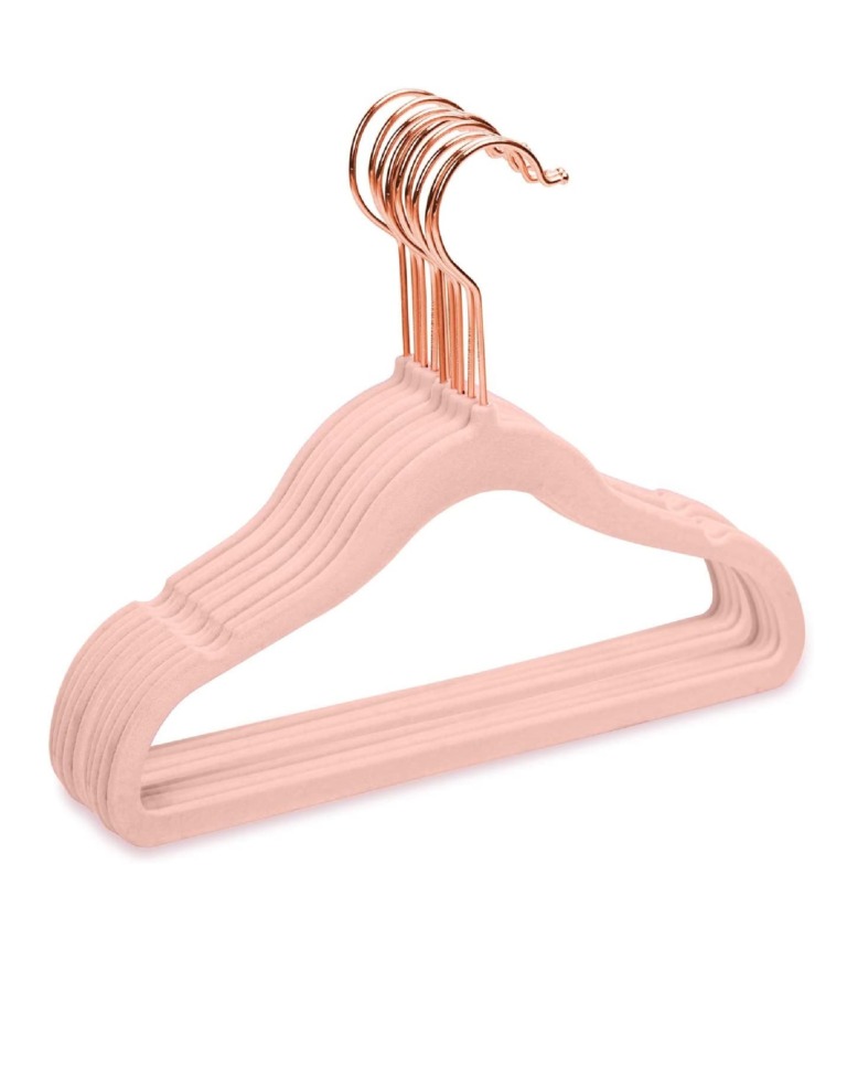 MIZGI Premium Kids Velvet Hangers (Pack of 50) with Copper/Rose Gold Hooks,Space Saving Ultra Thin,Non Slip Baby Hangers for Children's Skirt Dress Pants,Clothes Hangers by (Blush Pink)