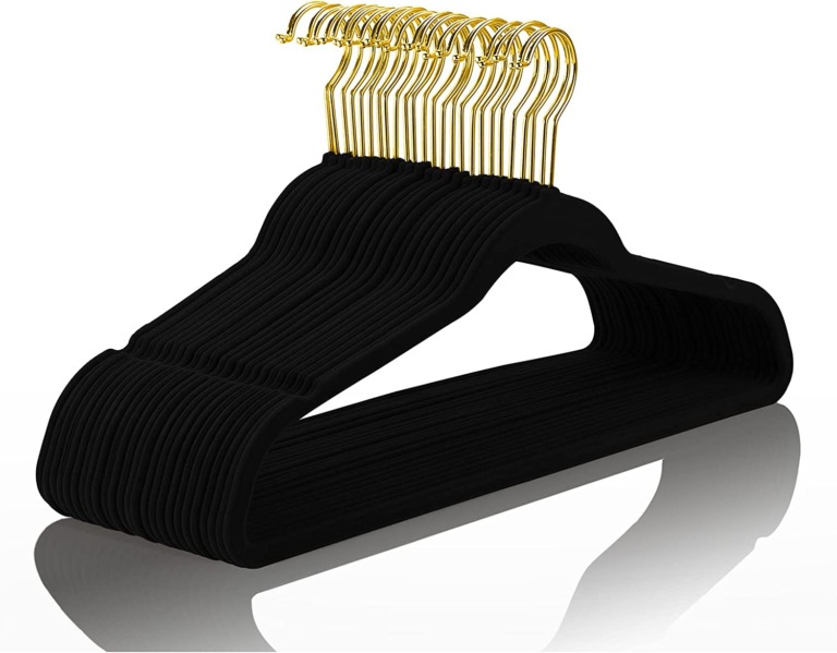 MIZGI Premium Velvet Hangers Pack 50 Pcs Heavyduty - Non Slip Slimline - Velvet Suit Hangers Black - Gold Hooks,Space Saving Clothes Hangers (Black)