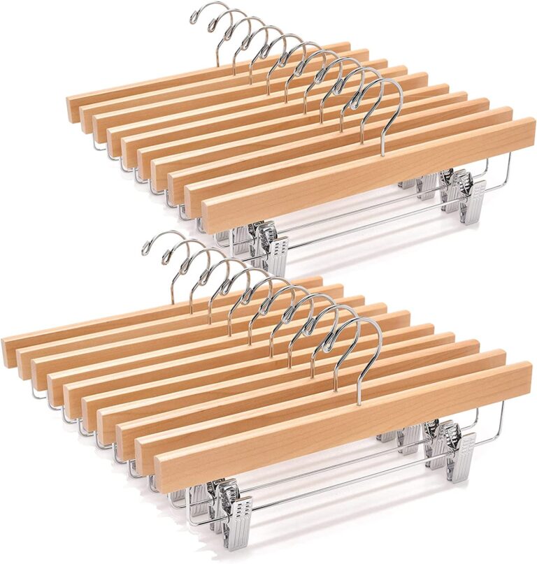 10-Pack Nature Color Wooden Trouser Hangers Natural Skirt Hangers Wooden Clip Hanger Wooden Trouser Hangers Clip Hangers Natural Hangers Wood Pant Hangers With Adjustable Clips 360°Swivel Hook 35cm Wide