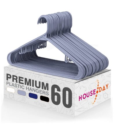 HOUSE DAY Plastic Hangers 60 Pack, Durable Clothes Hanger with Hooks, Space Saving Hangers are Perfect for Use in Any Closet, Light-Weight Clothes Hangers Plastic for Everyday Use, Grey