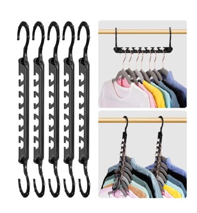 HOUSE DAY Magic Hangers Space Saving 5 Pack, Upgraded Sturdy Smart Space Saver Hangers, Ultra-Premium Black Hanger Hooks Triple Closet Space, Closet Organizers and Storage, College Room Essentials