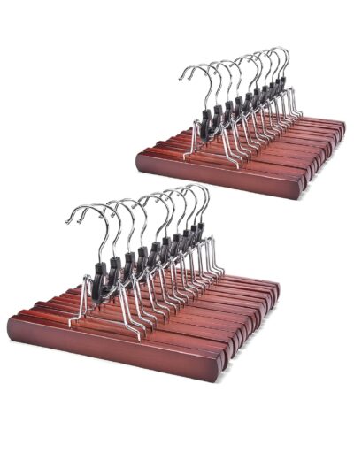 Nature Smile Wooden Pants Hangers 20 Pack Non Slip Skirt Hangers, Smooth Finish Solid Wood Clamp Hangers Hair Extension Hangers Jeans/Slack Hangers with 360° Swivel Hook - Pants Clip Hangers (Cherry).