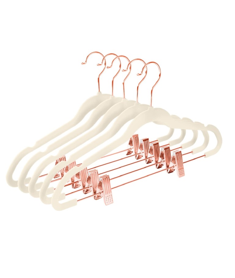 Premium Velvet Pants Hangers with Clips (Pack of 20) Slim Skirt Hangers- Non Slip Felt Outfit Dress Hangers Ivory - Copper/Rose Gold Hooks,Space Saving Shirt Clothes Hangers