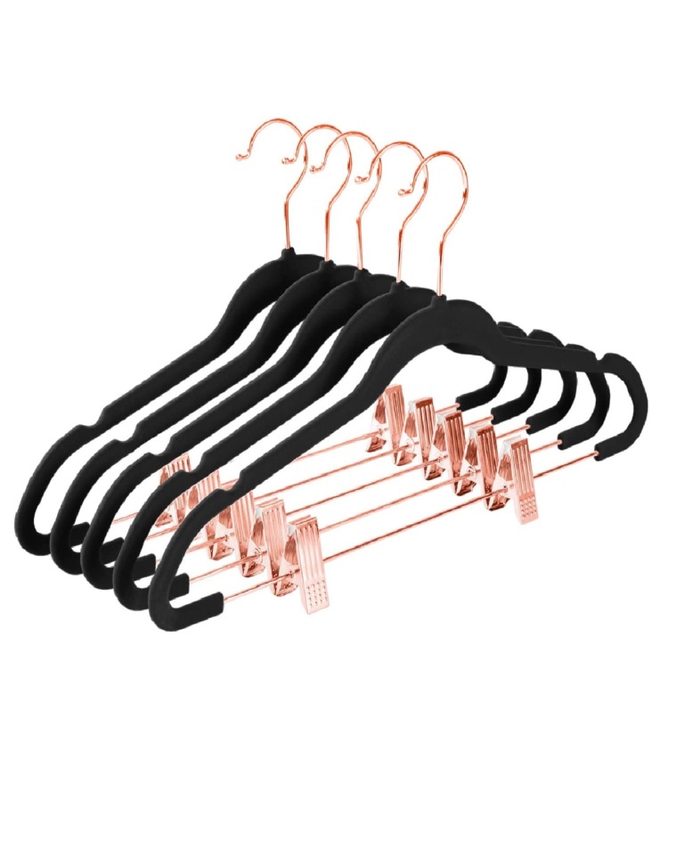 Premium Velvet Pants Hangers with Clips (Pack of 20) Slim Skirt Hangers- Non Slip Felt Outfit Dress Hangers Black - Copper/Rose Gold Hooks, Space Saving Shirt Clothes Hangers