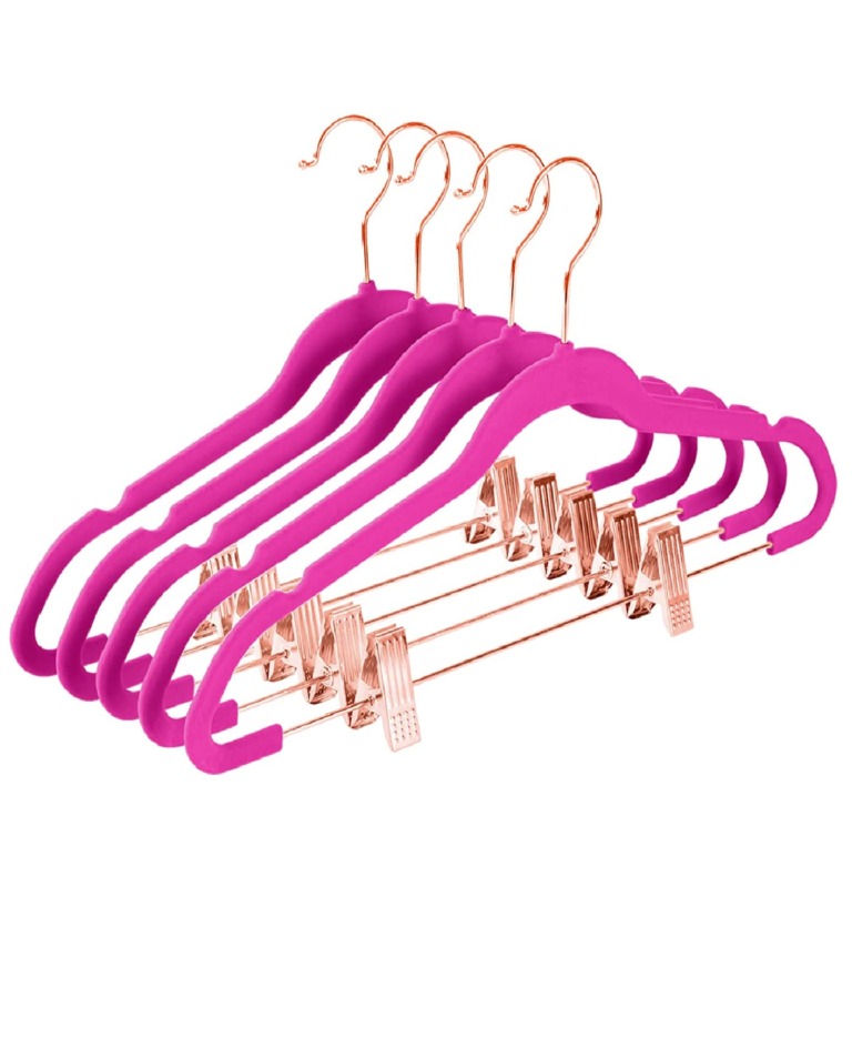 Premium Velvet Pants Hangers with Clips (Pack of 20) Slim Skirt Hangers- Non Slip Felt Outfit Dress Hangers Pink - Copper/Rose Gold Hooks, Space Saving Shirt Clothes Hangers