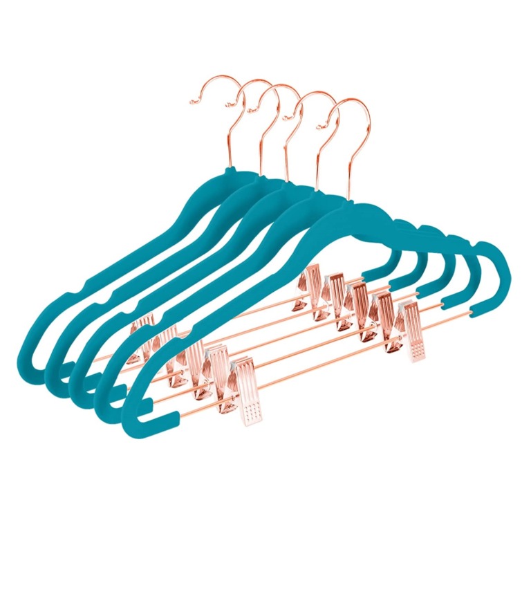 MIZGI Premium Velvet Pants Hangers with Clips (Pack of 20) Slim Skirt Hangers- Non Slip Felt Outfit Dress Hangers Teal - Copper/Rose Gold Hooks, Space Saving Shirt Clothes Hangers