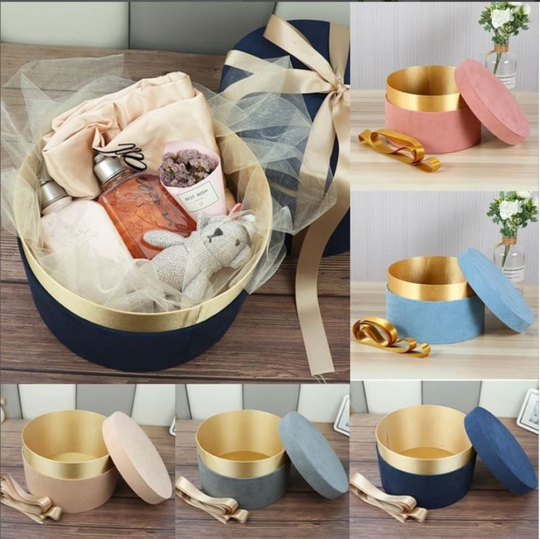 Gift box Set of 3Pc Round Shape Velvet Gift Box Florist Flower Holder Bucket Gift Packaging Box Bouquet Packaging Box Party Wedding Supply.(Full Set)