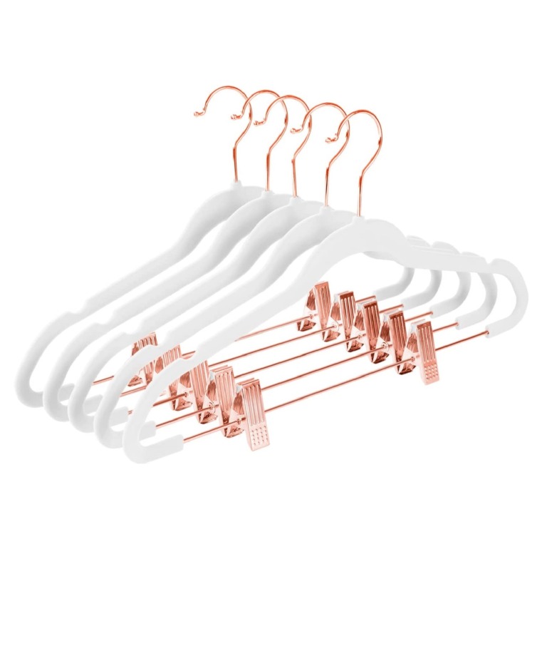 Premium Velvet Pants Hangers with Clips (Pack of 20) Slim Skirt Hangers- Non Slip Felt Outfit Dress Hangers White - Copper/Rose Gold Hooks,Space Saving Shirt Clothes Hangers