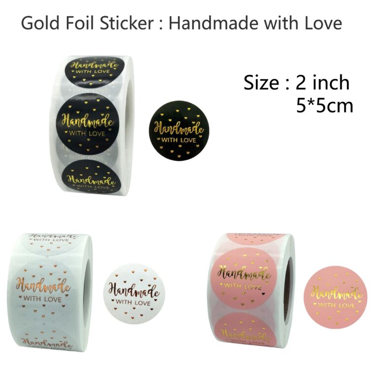 1 Roll " Handmade with Love " Gold Foil Stickers Size 5*5cm ( 2 inch diameter ）Round Shape ,500 stickers included. ( 3 color available )